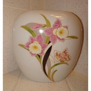 Vintage Japanese White Floral Pillow Vase Ceramic Pink Flowers and Butterflies